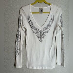 Y2K VOCAL Womens CRYSTAL Jeweled Cross LONG SLEEVE BLING SHIRT White